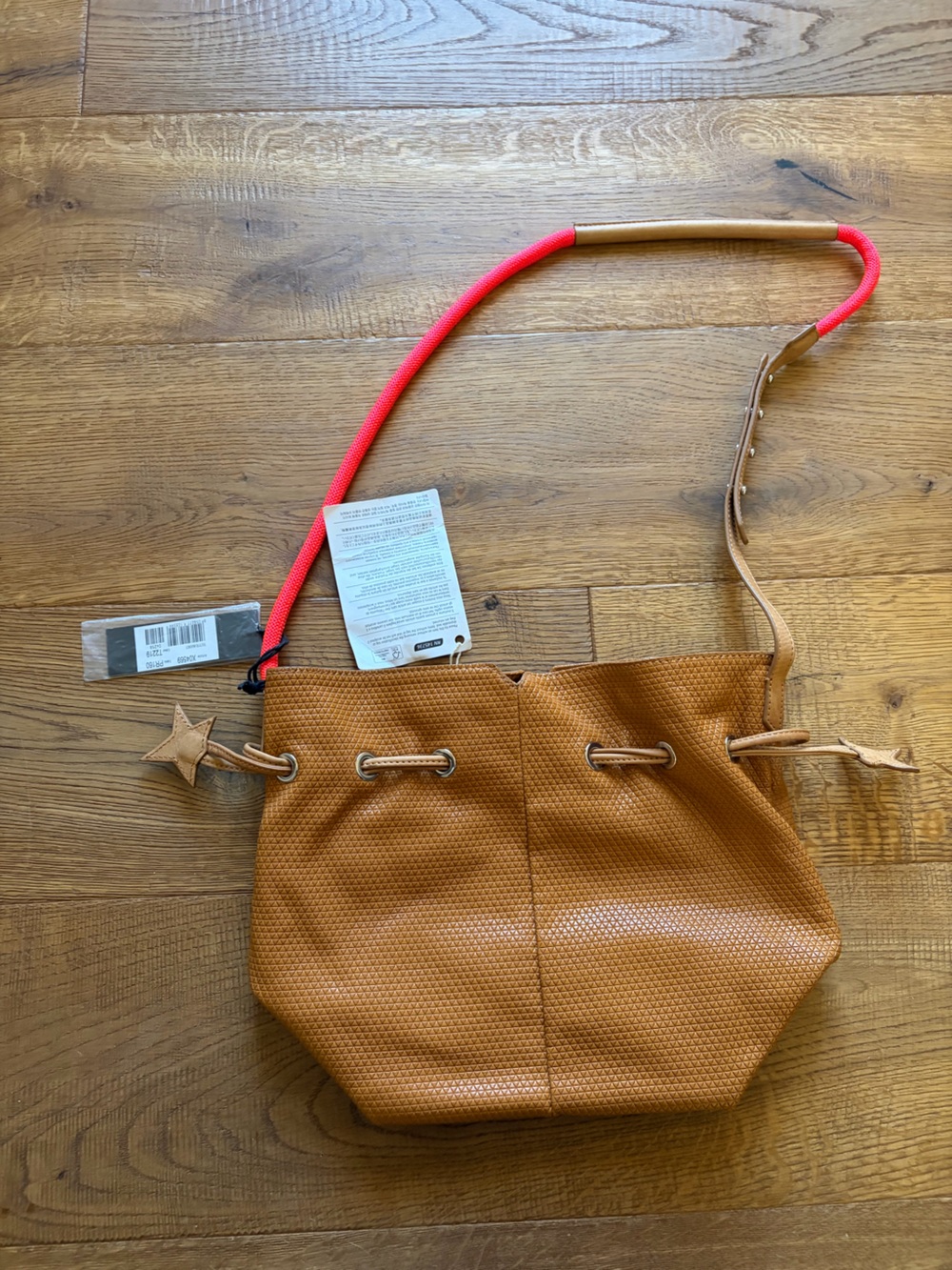 Diesel Tan Woven Drawstring Crossbody with Pink Accent